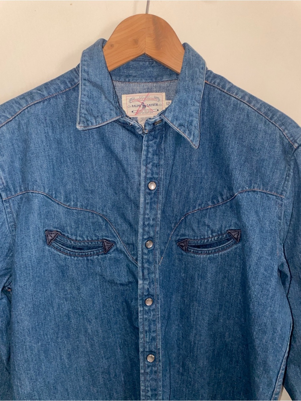 Ralph Lauren Vintage 100% Cotton Smiley Pocket Denim Snap Shirt - Picture 3 of 11